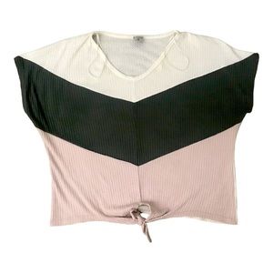 Medium Waffle Knit Sweater Paper Crane Short Sleeve Tie Front Colorblock